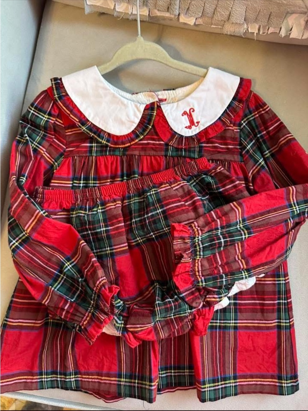 Girls Red Tartan Two-Piece Set with White Peter Pan Collar Embroidered “M”
